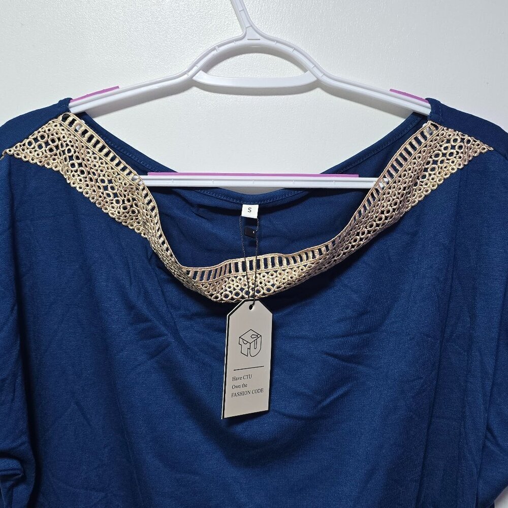 Agseem Navy Blue Long Sleeve Light Top with Lace - Brand New with Tags Small - Picture 2 of 2